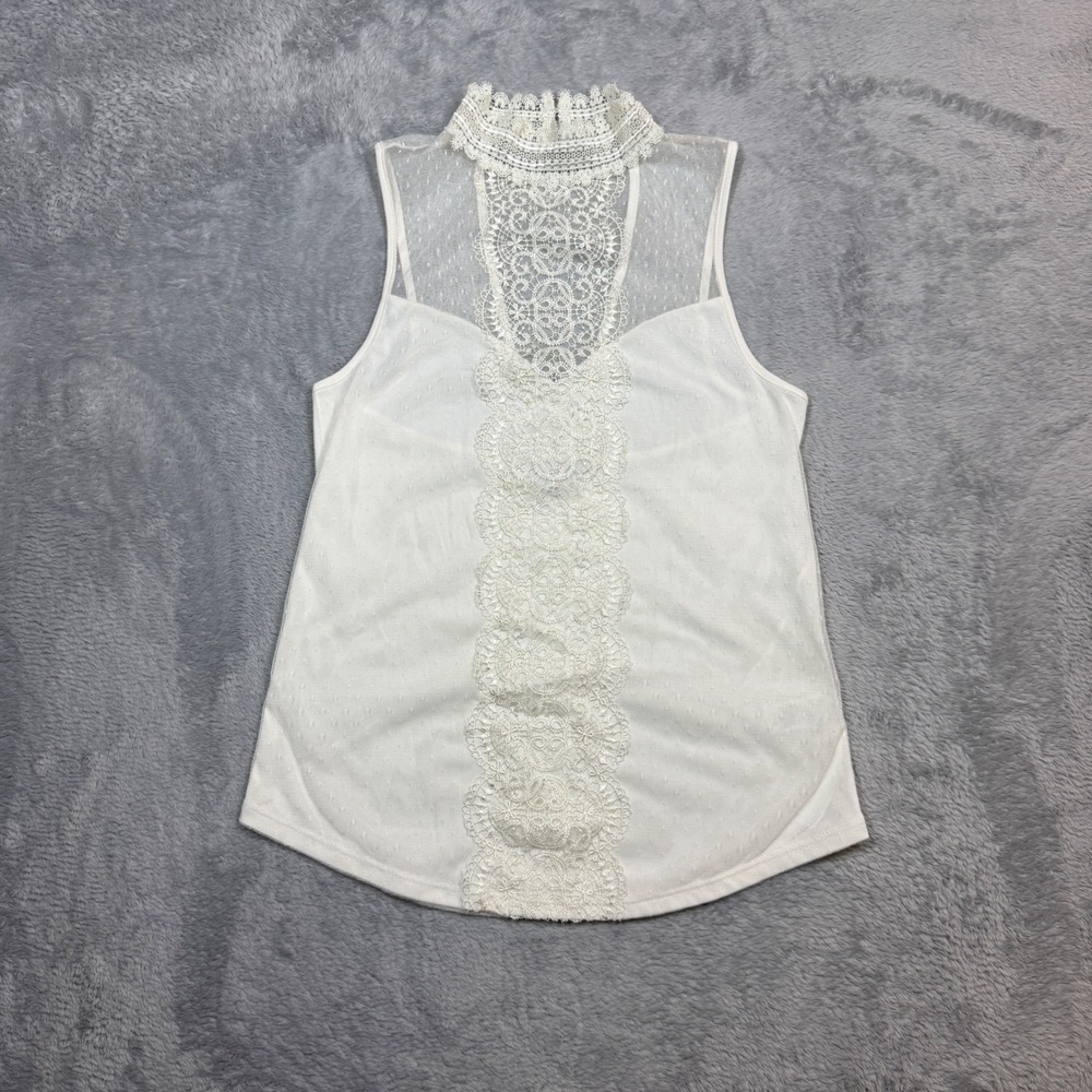 Express Lace Trim Mock Neck Tank Top Womens XXS Ivory Mesh Swiss Dot Y2K Romance